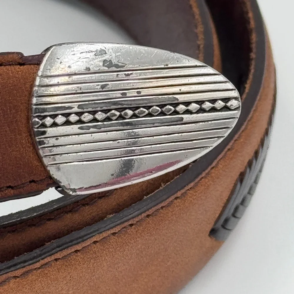 Brighton‎ Western Brown Leather Belt Engraved Buckle Metal Tip Cowboy Style